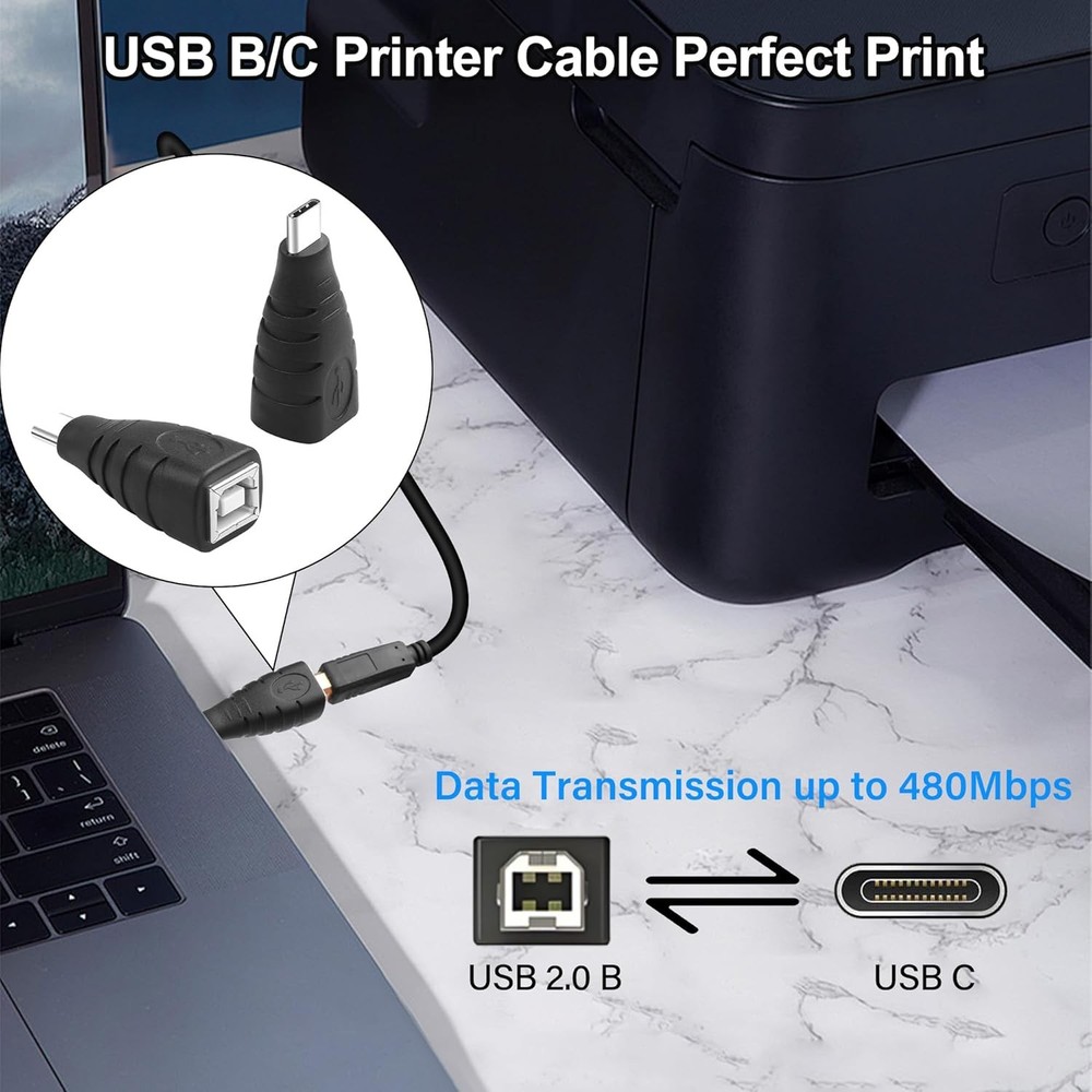 USB B to C Adapter USB-C Male Printer Female Converter Data Sync &...