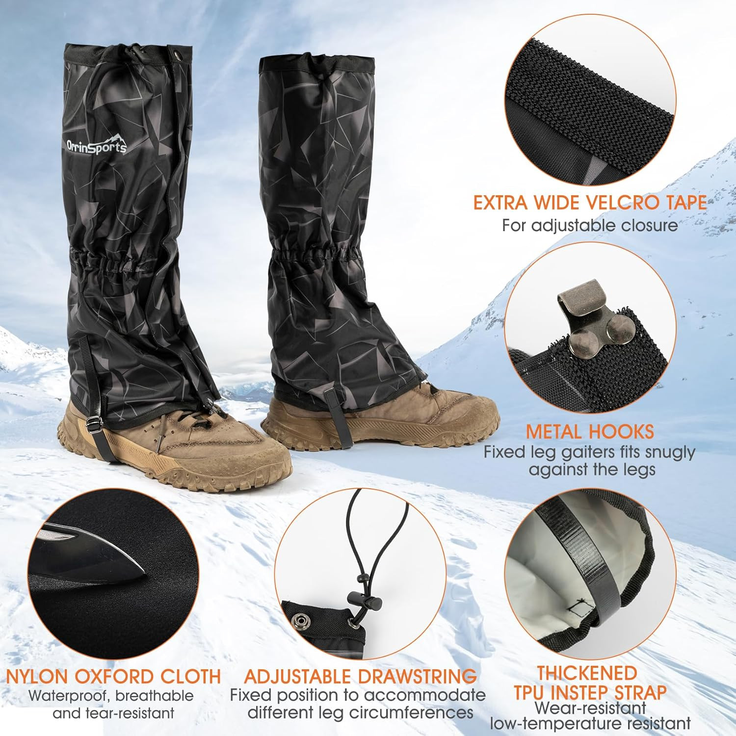 Waterproof Adjustable Leg Gaiters for Men and Women Snow Boot Gaiters for Hiking