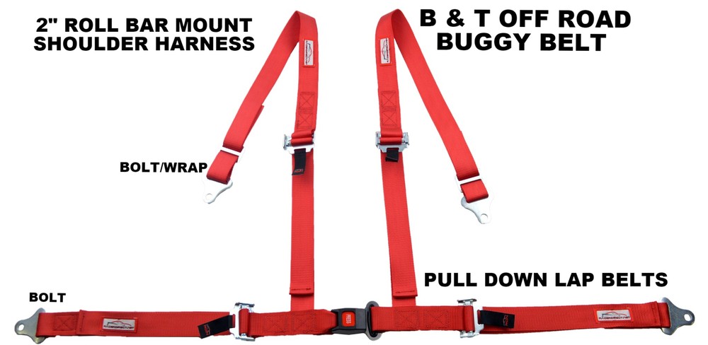 RACERDIRECT RED 4 POINT SEAT BELT HARNESS PULL DOWN LAP BELT ROLL BAR MOUNT