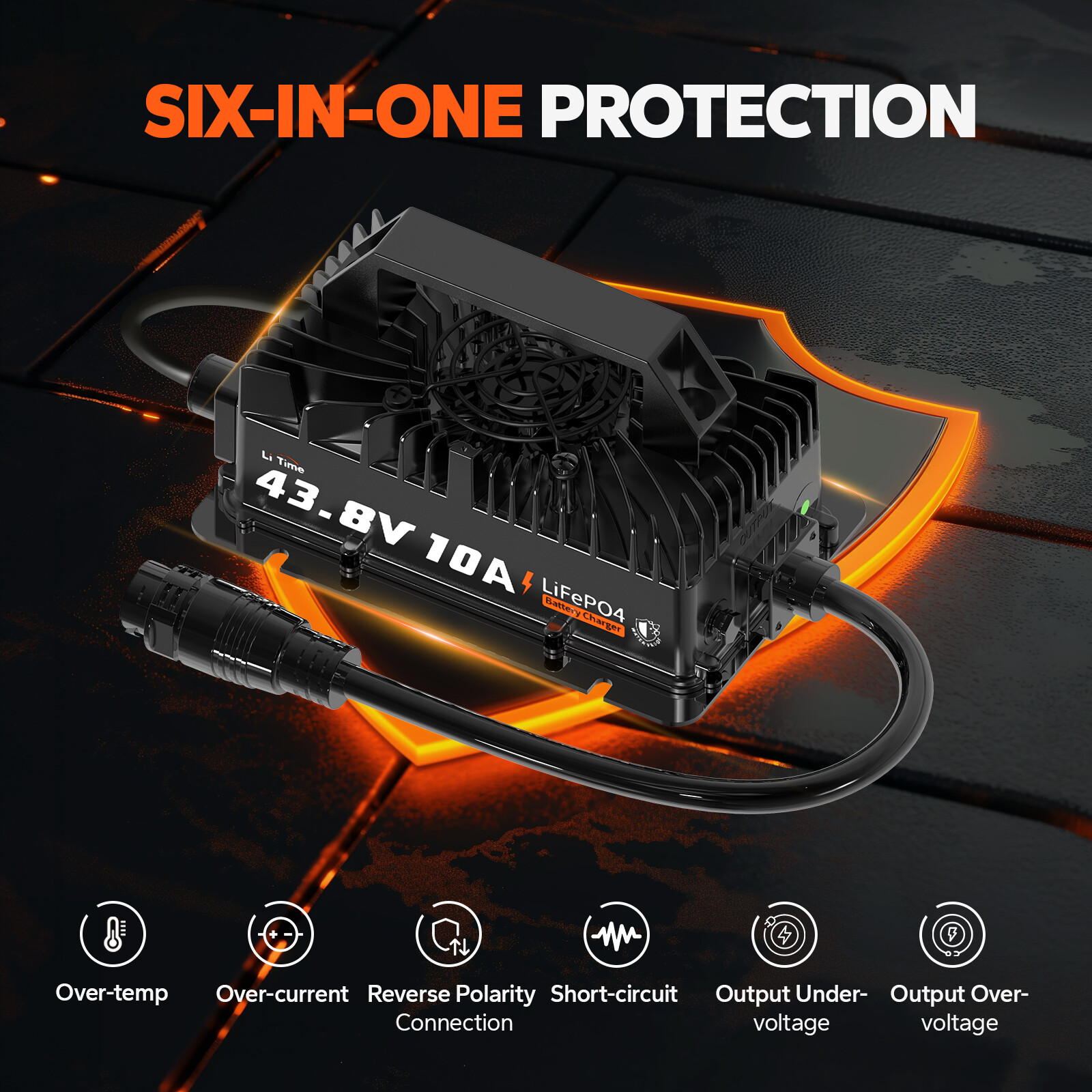 LiTime 36V 43.8V 10A AC-DC Smart Charger Waterproof for Lithium LiFePO4 Battery