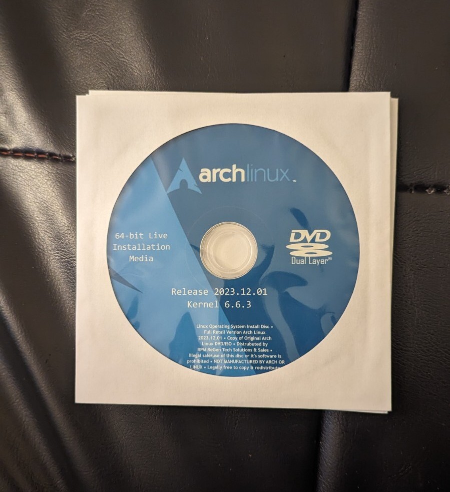 Arch Linux Installation Disc: BOOTABLE LINUX DVD RELEASE 2023.12.1 KERNEL 6.6.3