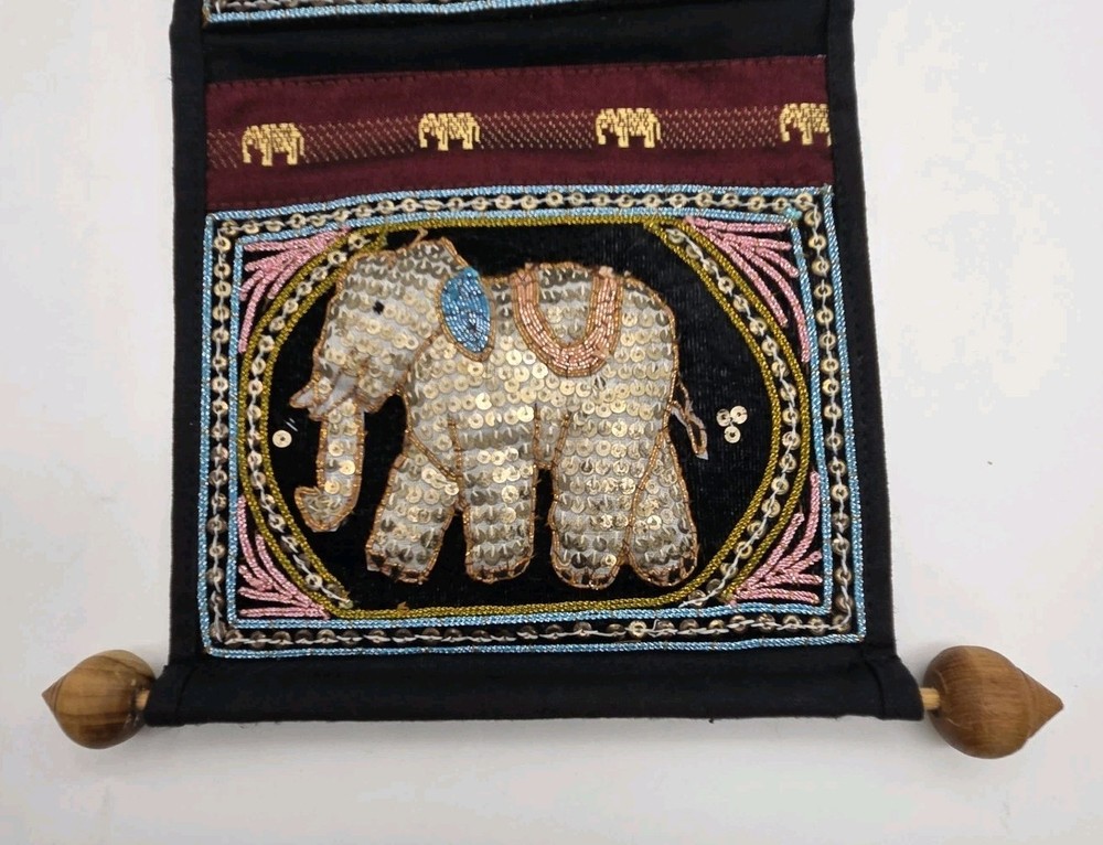 Elephant Cloth Mail Organizer Wall Decor 3D 3 Pockets Sequins Embroidered Asian
