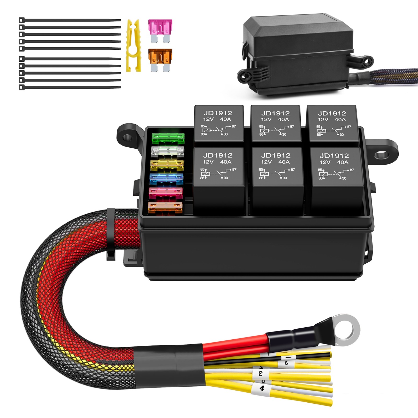 12V Automotive Relay Box 6 Way Relay Fuse Box, with 12 AWG Pre-Wired Universal