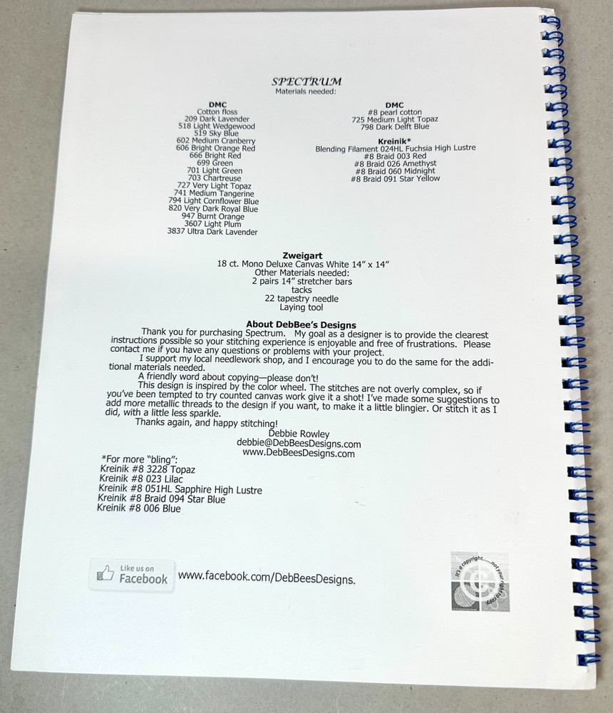 DebBee's Designs SPECTRUM Rainbow Canvaswork Chart Pattern Booklet Debbie Rowley