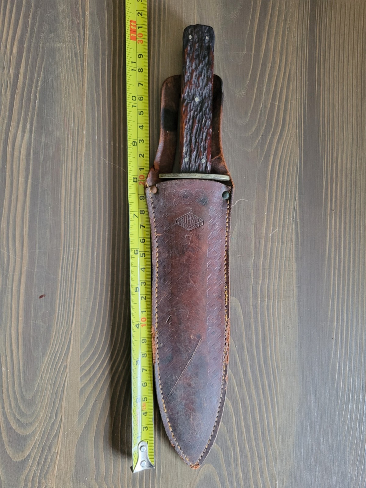WWI Era Stag Handle Fred Biffar Chicago Ill. Bowie Knife/Side Knife w/Org Sheath