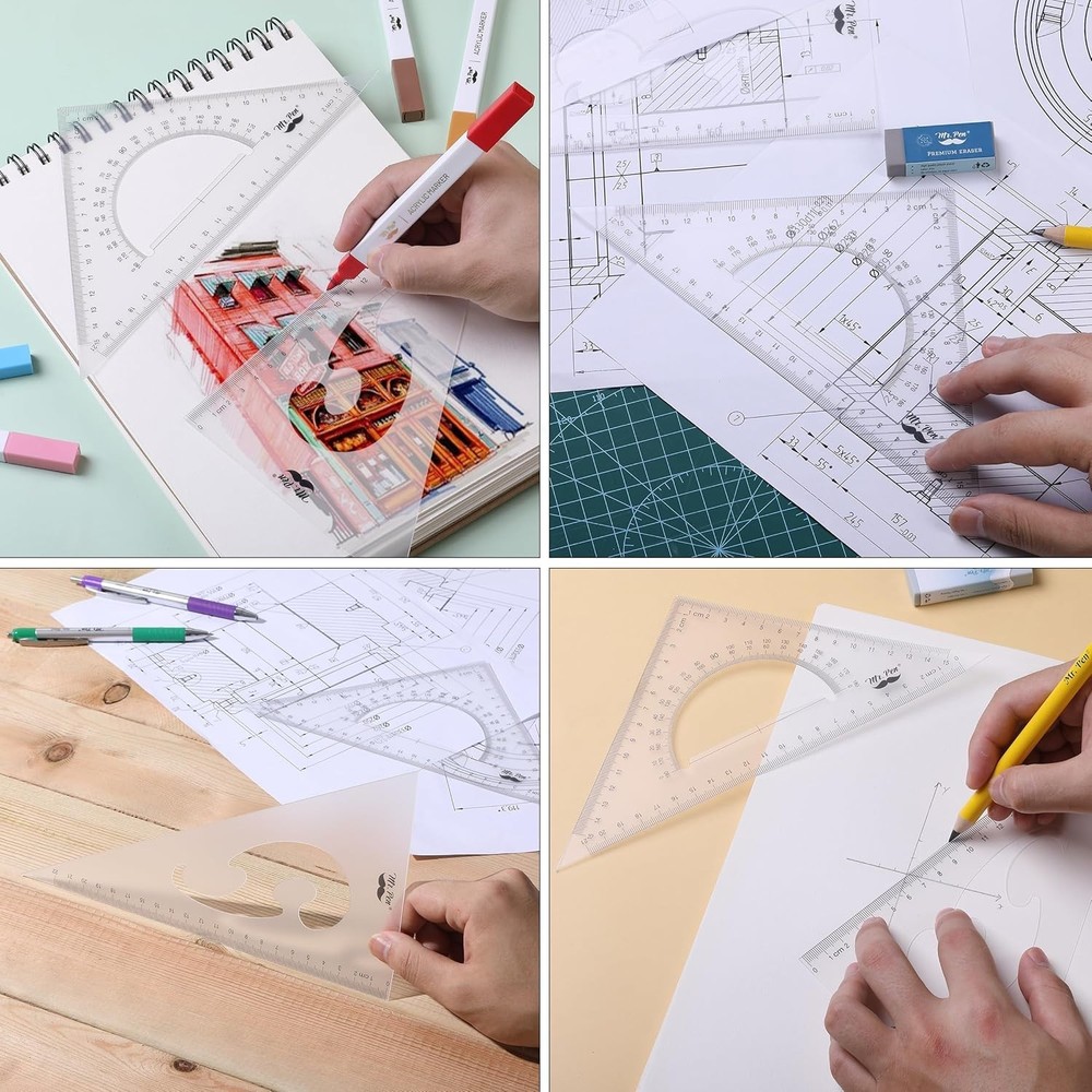 Versatile Drawing Ruler Set: 2 Triangular Rulers with Protractor for Precision
