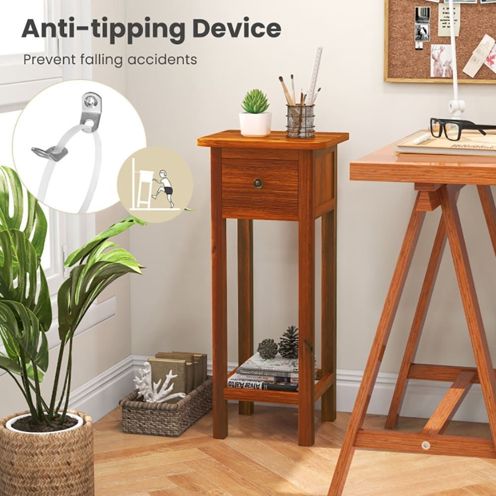 2 Tier Slim Nightstand Bedside Table with Drawer Shelf