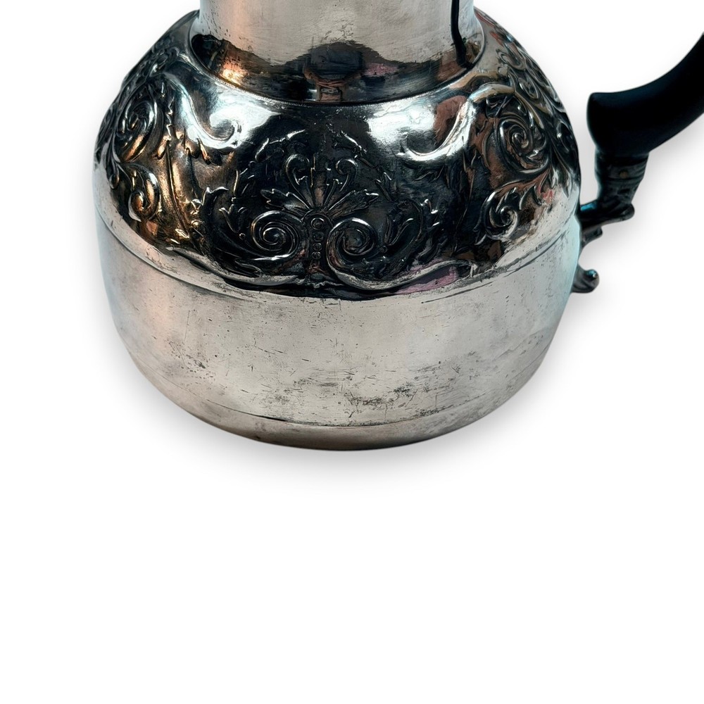 Antique Silverplate Hinged Lid Pitcher, Ornate Victorian Style, Black Handle