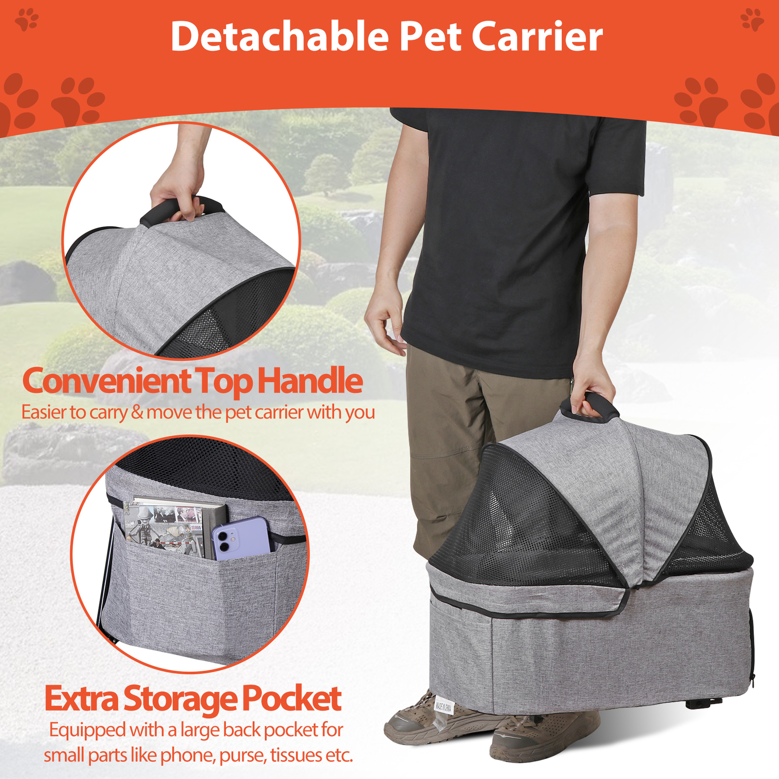 Pet Stroller Foldable Dog Cat Jogger Stroller w/4 Wheel & Detachable Basket Gray