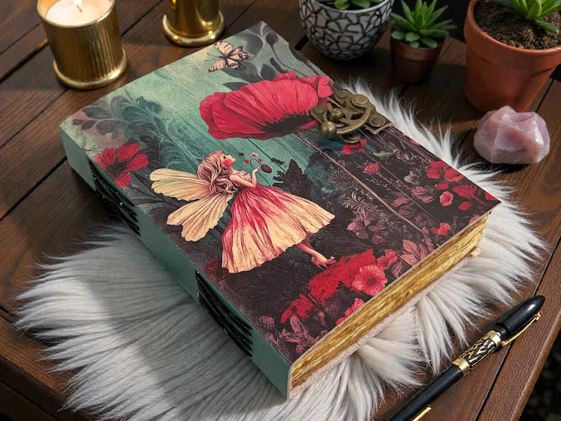Fairy Flower Vintage Leather Grimoire Notebook