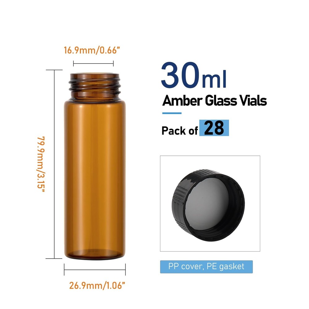 28Pcs 30ml(1oz) Small Amber Glass Vials with Lids Lab Sample Vials Empty Refi...