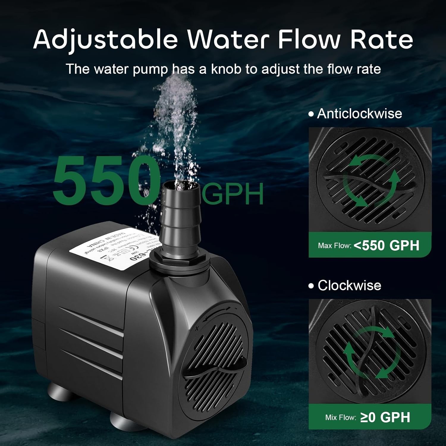 550 GPH Submersible Water Pump, 30W Ultra Quiet with 3 Nozzles for Aquatic Use