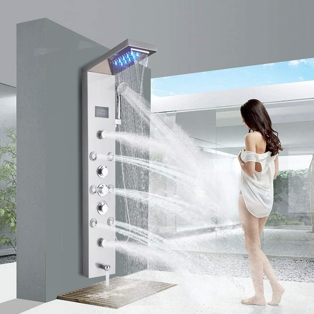 6-Function Brushed Nickel LED Shower Panel Tower System - Spa Experience at Home
