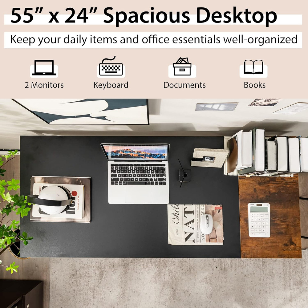 Industrial Multifunctional Computer Desk with Removable Shelf - 55" Black