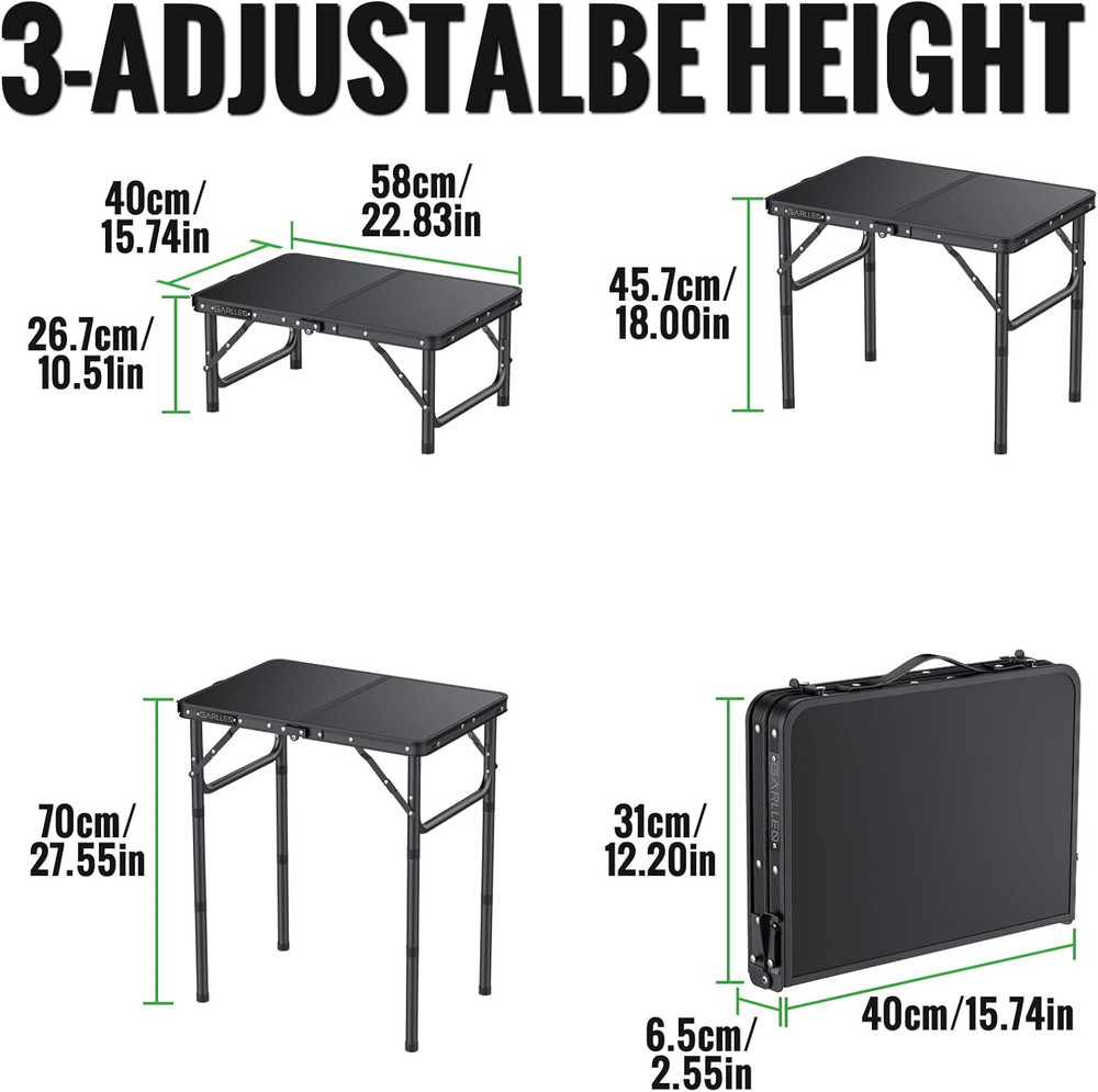 2Ft Folding Camping Table, 3 Adjustable Height Lightweight Picnic Table, Portabl