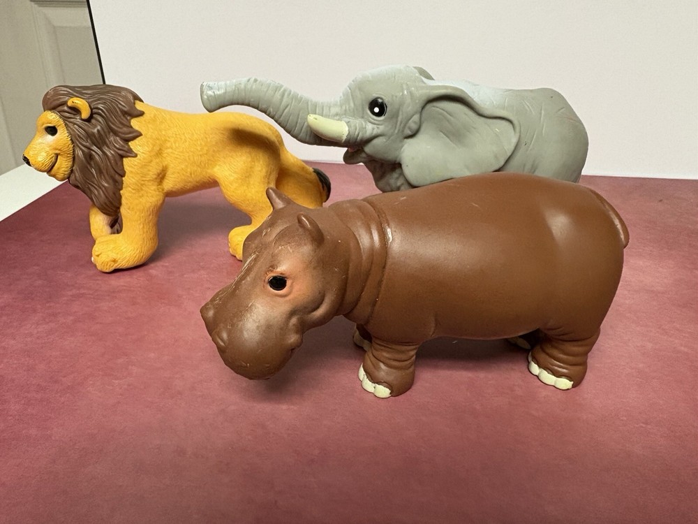 Vintage Animals, hippo, lion, elephant. Hard Plastic