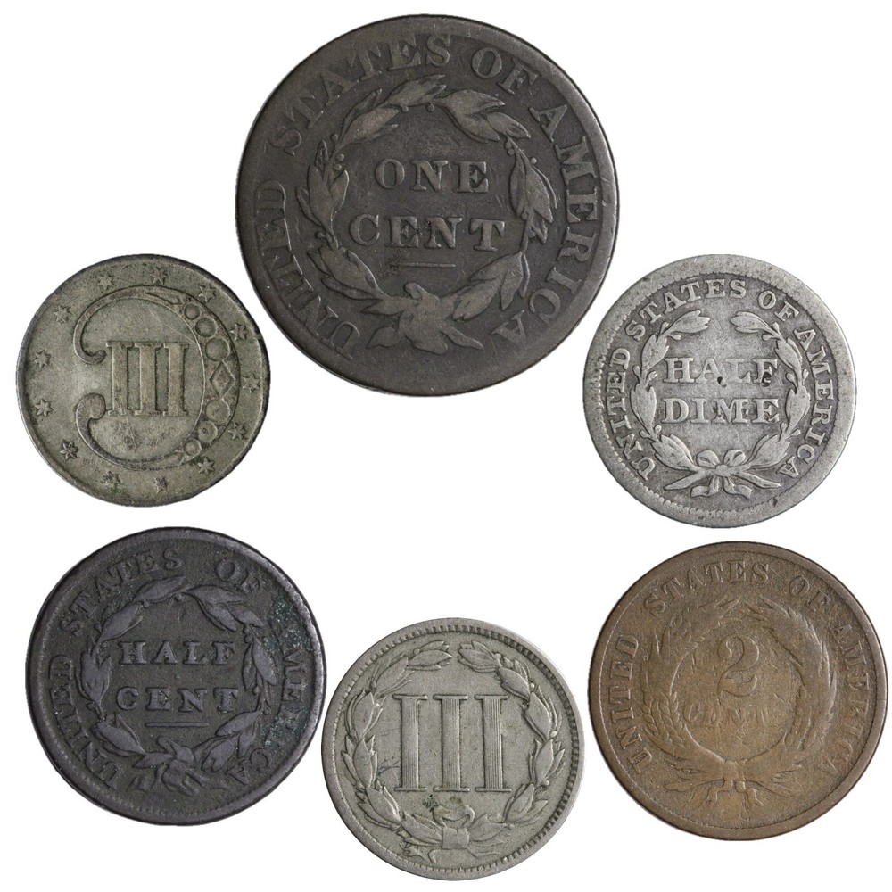 ✯ 1796-1889 OBSOLETE TYPE SET 6PC LOT! LARGE + HALF CENT 1/2 DIME 2C, 3C SILVER