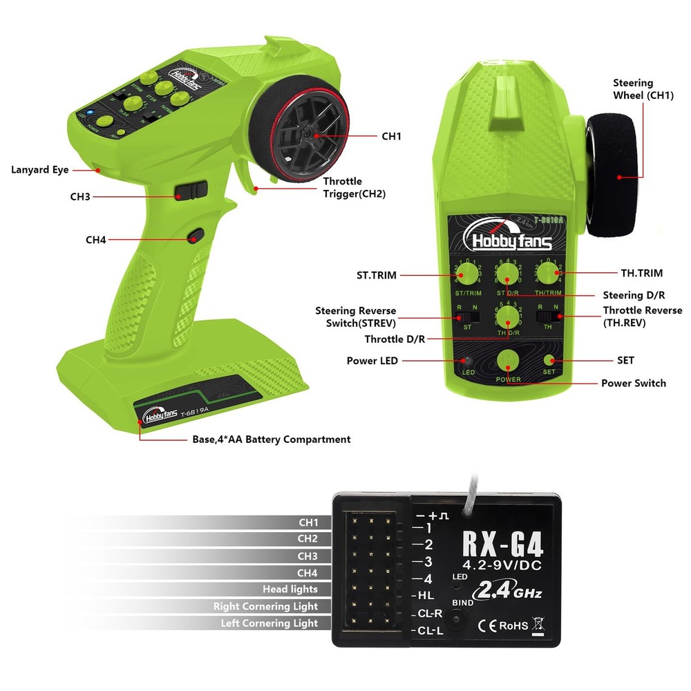 Hobby Fans RC Radio System 4CH 2.4G Transmitter with Green & Black