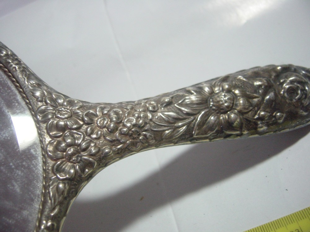 SPECTACULAR- SILVER OR PLATED ?- LARGE ELEGANT HAND HELD MIRROR-SUPERB DESIGN