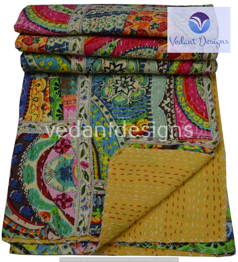 Reversible Patchwork Kantha Quilt Multicolor Single Blanket Bohemian Bed Runner