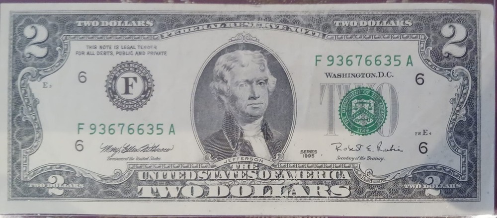 Error $2 1995 Misalignment Front Two Dollar Banknote S/N # F 93676635 A