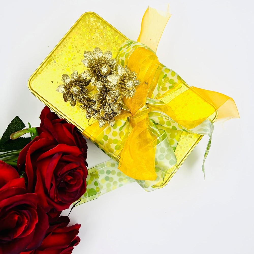 Gold Glitter Single Piece Empty Rectangular Tin Container W/ Lid Multipurpose