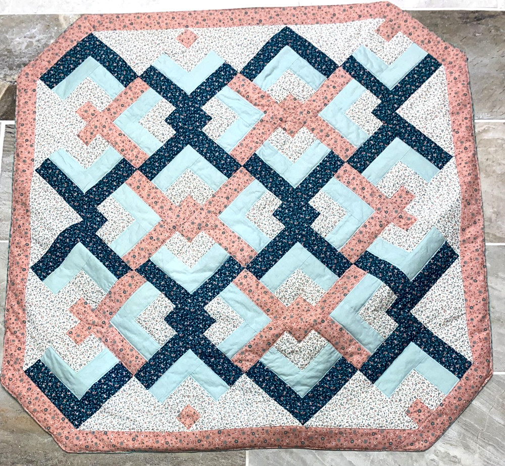 Quilted Green & Peach Patchwork Design Lap Quilt / Wall Hanging /Table Topper