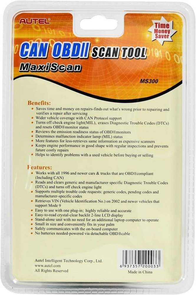 Autel MS300 OBD2 Scanner Code Reader Turn Off Check Engine Light Car Diagnostics