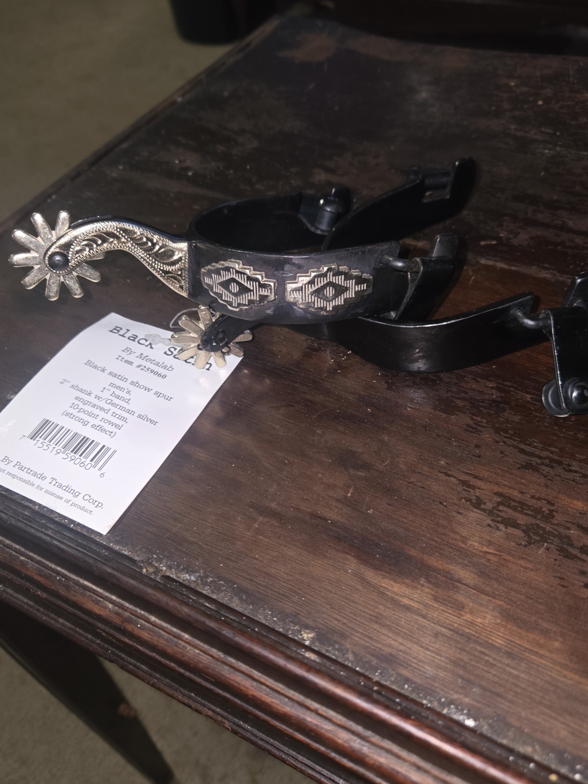 Men's Partrade/Metalab Black Western spurs w/German silver Aztec trim