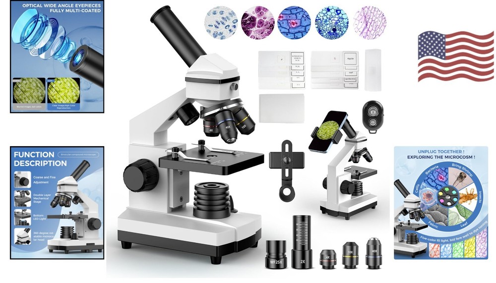 Educational Compound Microscope for Students - 2000X Magnification with Slides