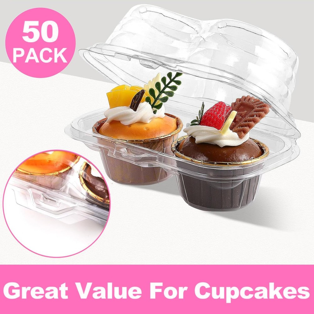 50Pack Disposable Cupcake Containers, 2 Compartment Clear Cupcake Holder, Sta...