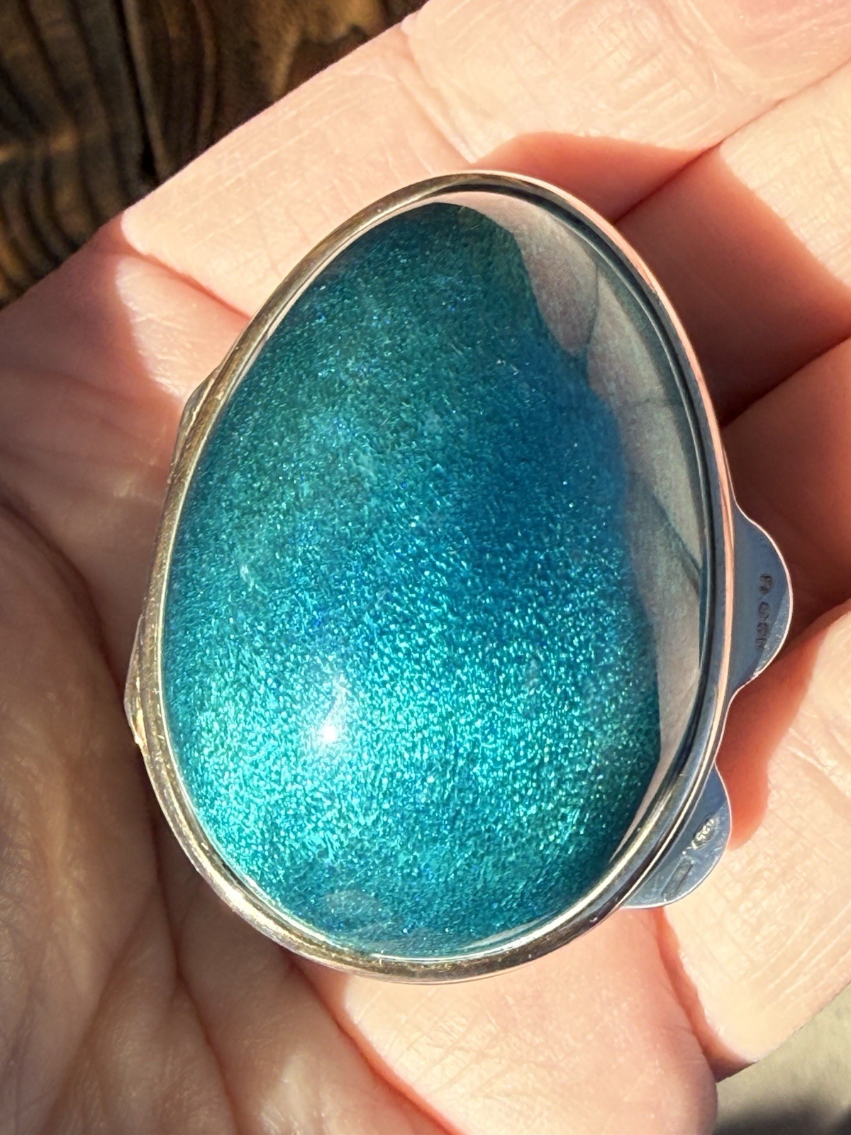Antique Hallmarked Turquoise Enameled Sterling Silver Egg Trinket Box