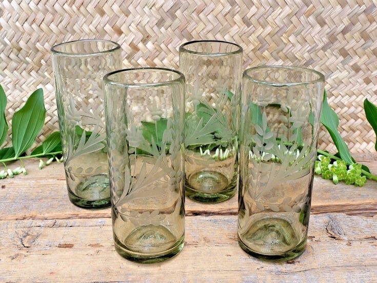 Set of 4 Tall Lemonade Glasses Handblown Hand Etched Pale Green Mexican Folk Art