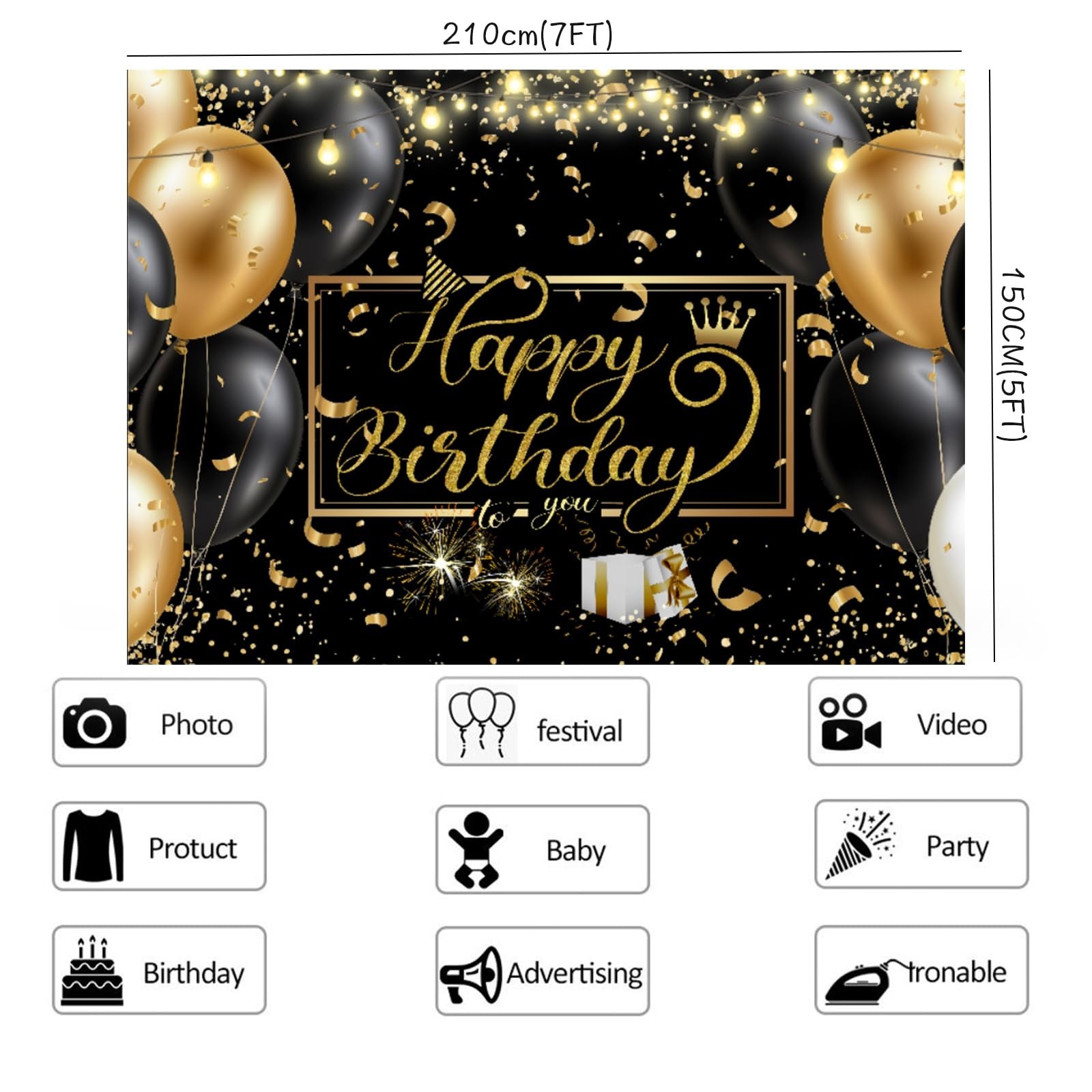 Black and Gold Birthday Backdrop Happy Birthday Backdrop Golden Sparkle Shini...