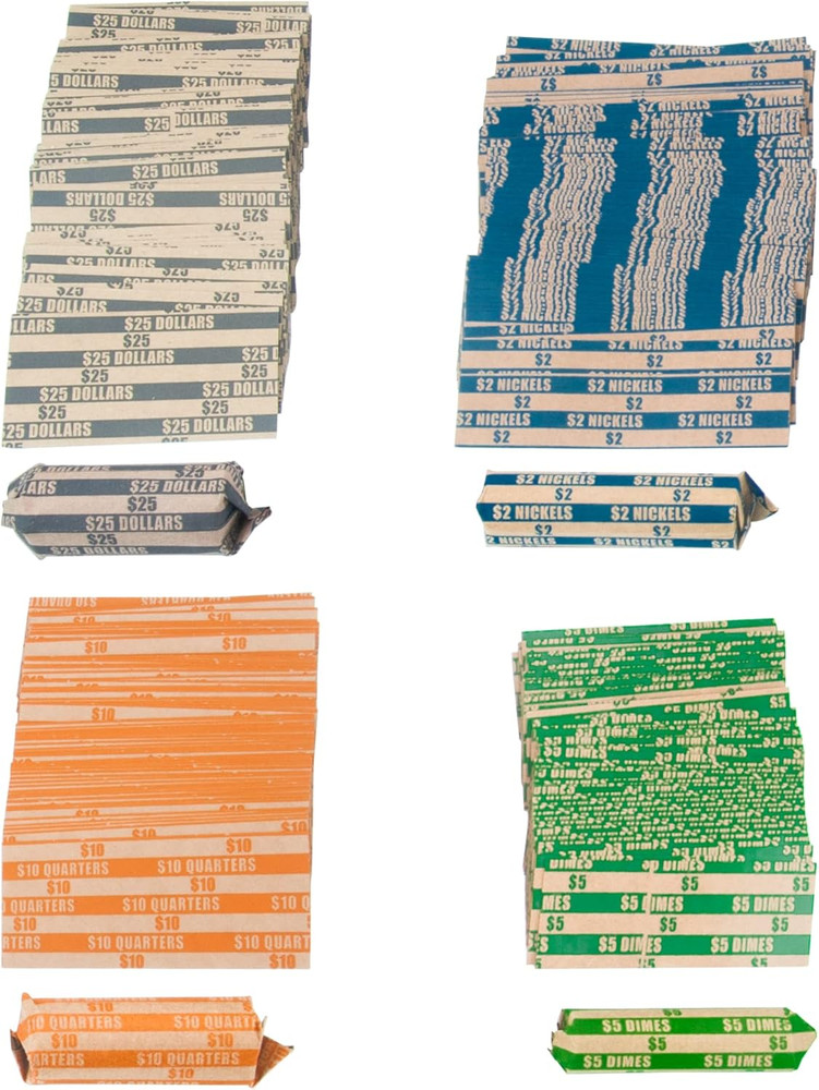300 Assorted Bundle Flat Striped Coin Wrappers (75 of Each - Nickel, Dime, Quart