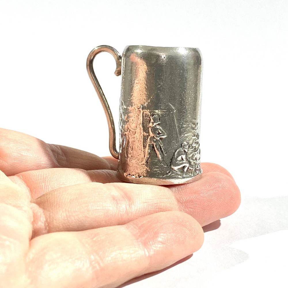 vintage heavy solid silver beer mug miniature with ancient scenes, hallmarked