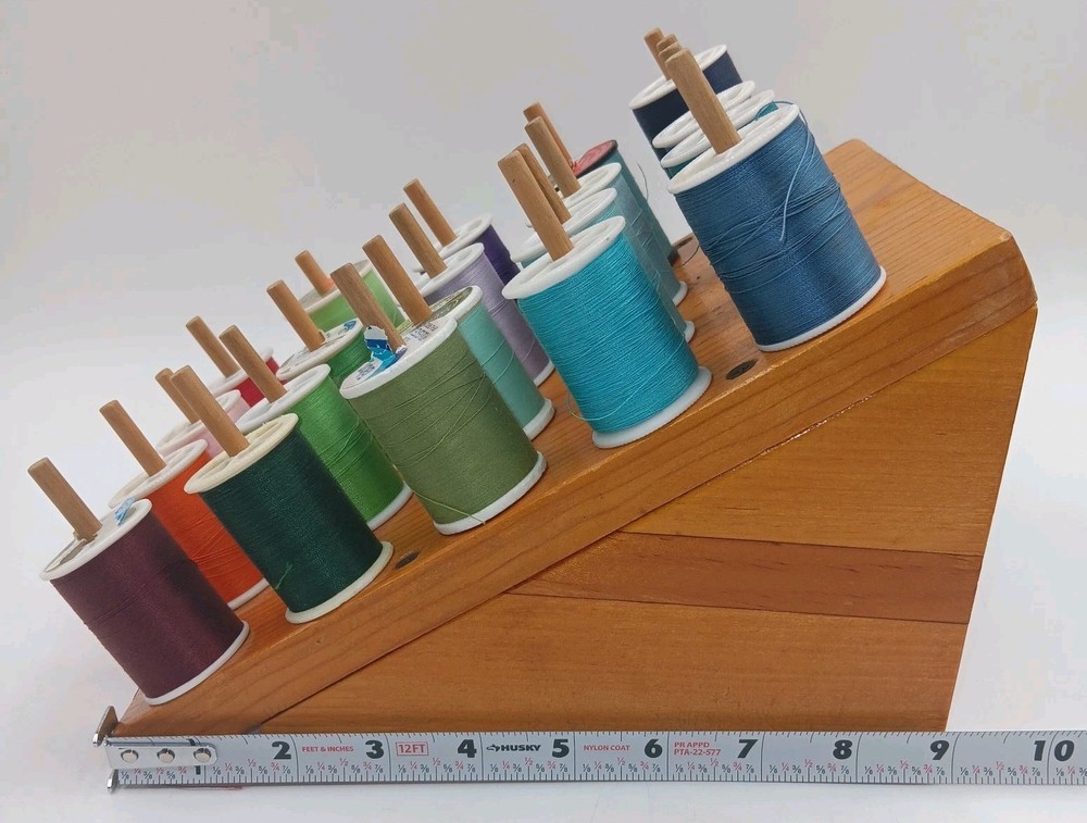 Vintage Wooden 20 Spool Handmade Thread Holder With Thread.
