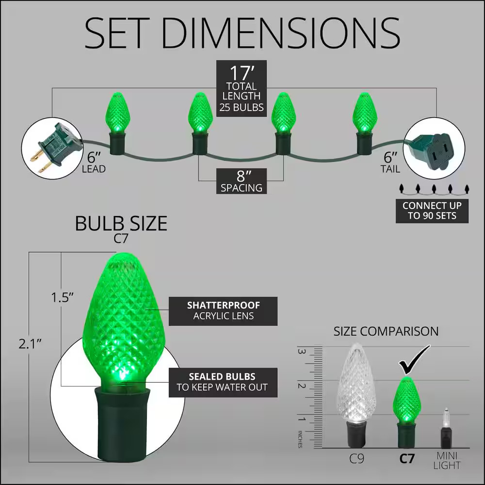 Superbright 16 Ft. 25-Light LED Green C7 String Light Set