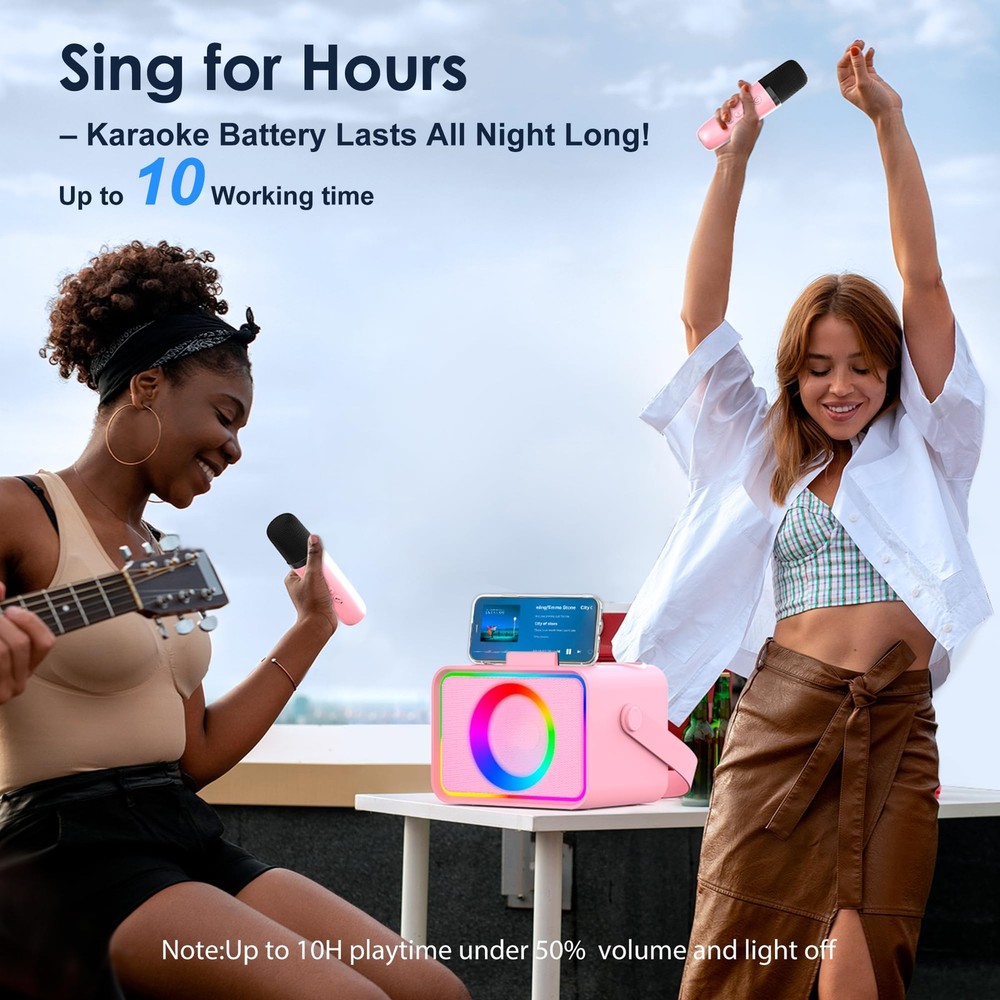 Karaoke Machine,Portable Bluetooth Speaker with 2 Wireless Microphone Pink