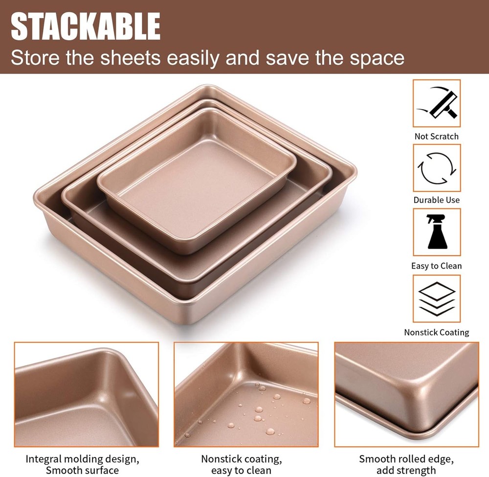 Deep Baking Pans Set Nonstick,Rectangle Cake Pan,Stackable Bakeware Set of