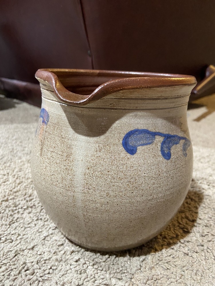 Signed 2002 SHIELDS Studio Art Pottery Pitcher 6” Tall Wide Heavy Handle Blue