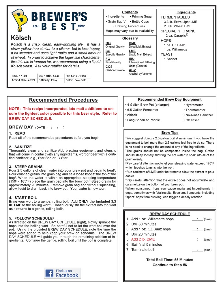 Kolsch Ingredient Kit for Home Brew Beer Making