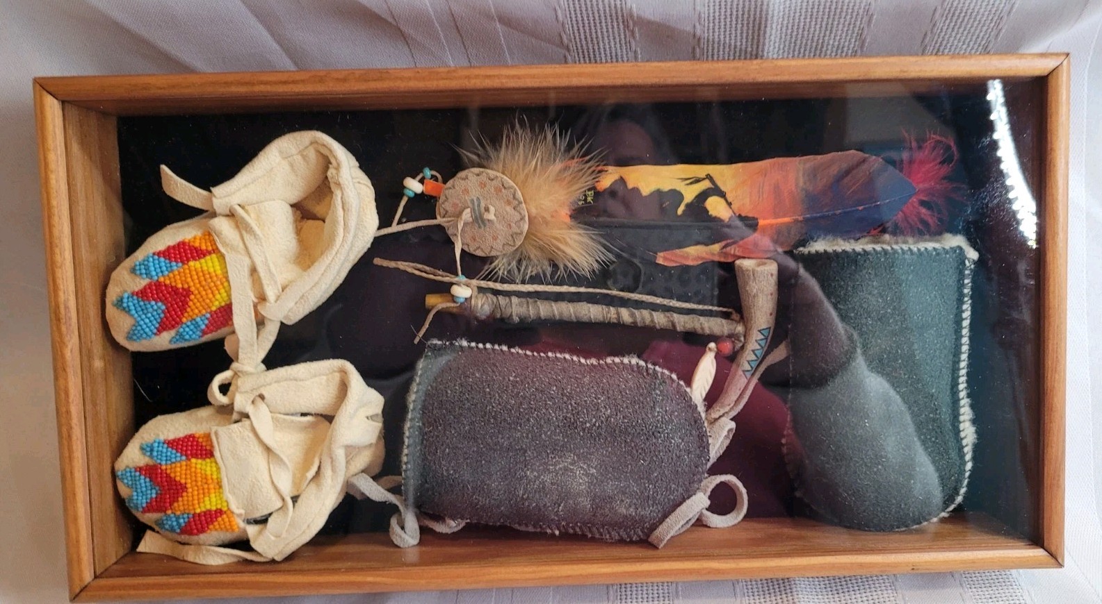 Vtg Native American Indian Shadow Box Child/ Baby Beaded Moccasins,...