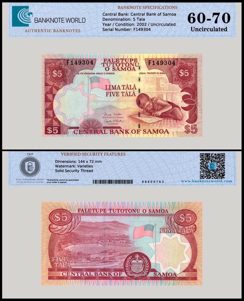 Samoa 5 Tala, 2005 ND, P-33b, UNC, Authenticated Banknote