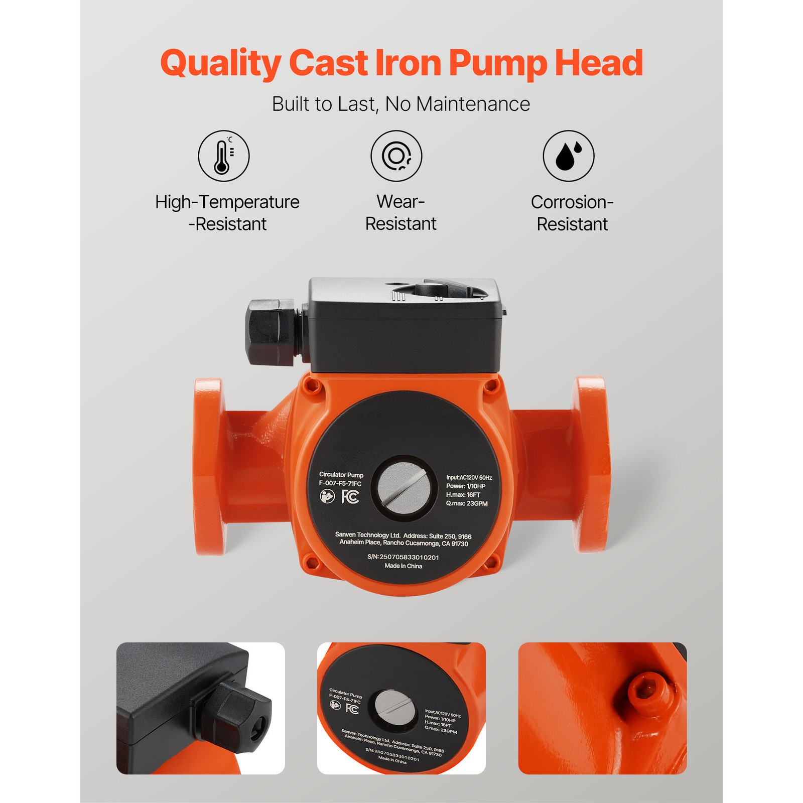 Uimoso Cast Iron Circulator Pump for Hot Water, 1/10HP, 23GPM Flow Rate