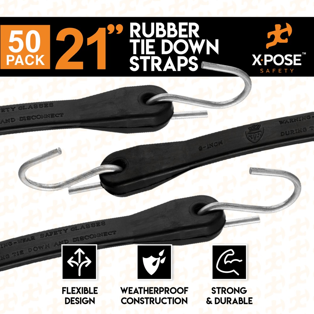 21 Inch Rubber Bungee Cords with Hooks 50 Pack (32” Max Stretch)