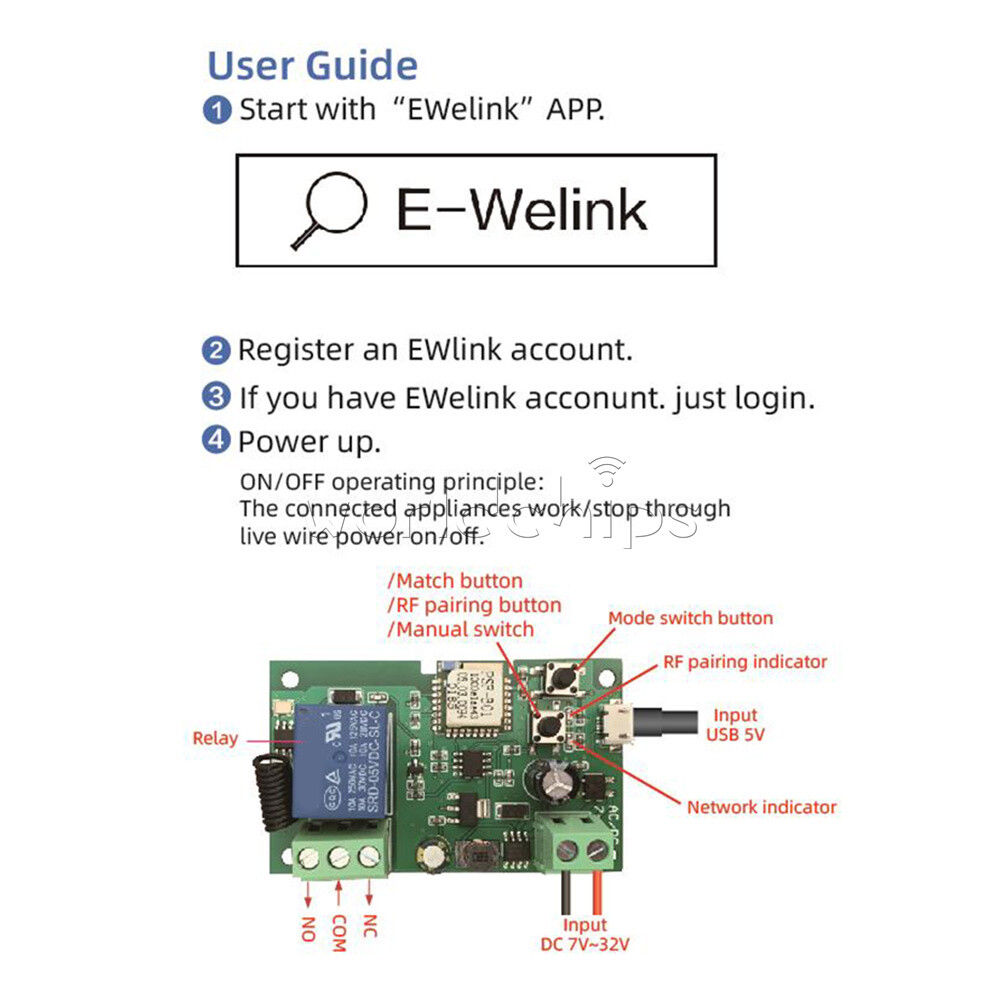 DC 7-32V 2200W Switch Relay Timer Wireless Remote Control Inching/Self-Locking