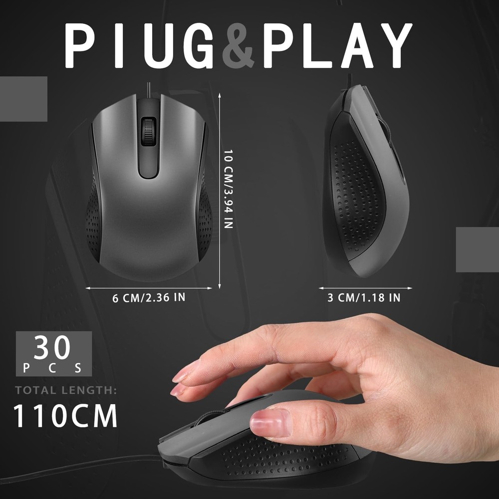 30 Pack USB Wired Mouse 3 Button Corded Computer Mice Bulk USB Mouse for PC D...