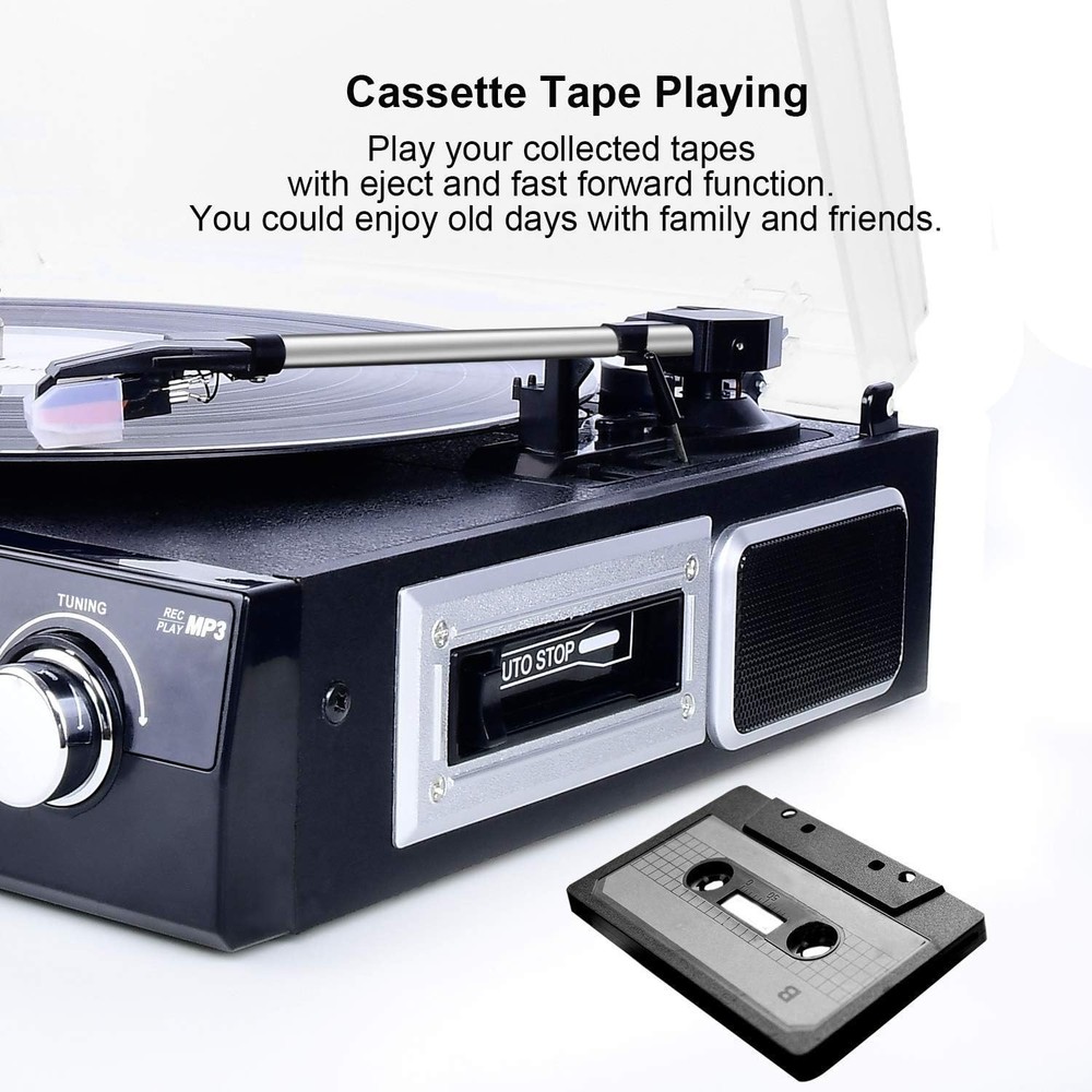 Compact Bluetooth Turntable with Cassette Play, Remote Control, and Stereo Sound
