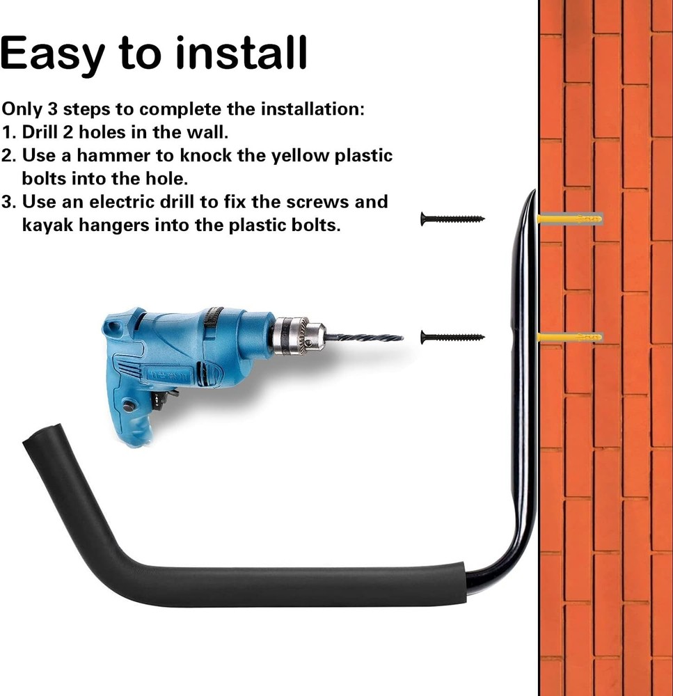 Easy Install Kayak & Bicycle Wall Hooks - Max Load 50lbs, Black Storage Solution